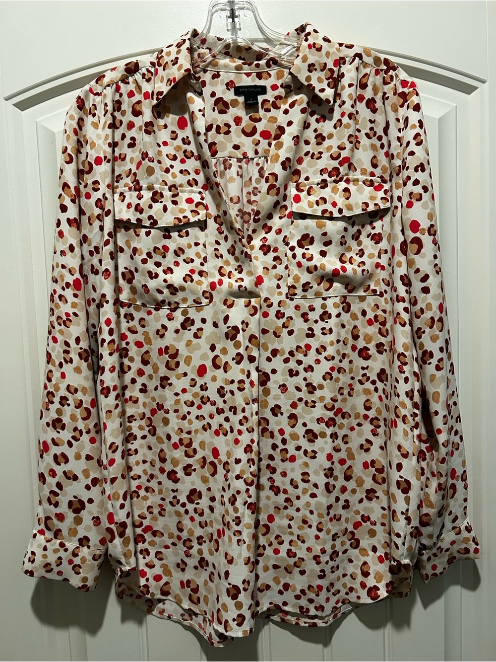 Ann Taylor  Cream Button-Front Blouse with Red and Brown Spot Print